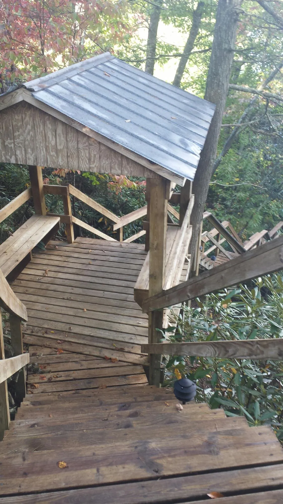 Metal roofed shelter over wooden steps on a wooded walkway — Skylight Repair & Installation work by our crew in Rives
